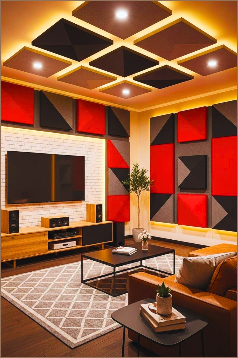 Modern Acoustic Home Theater Room With Geometric Soundproof