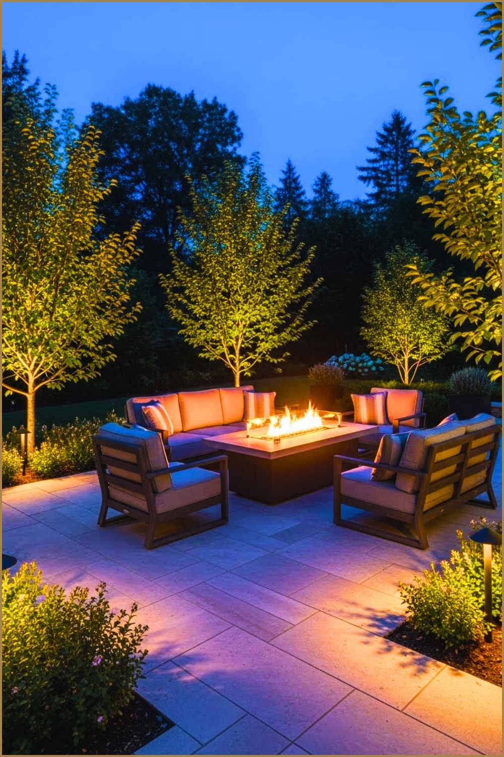 Modern Backyard Patio With Firepit Table Cushioned Outdoor