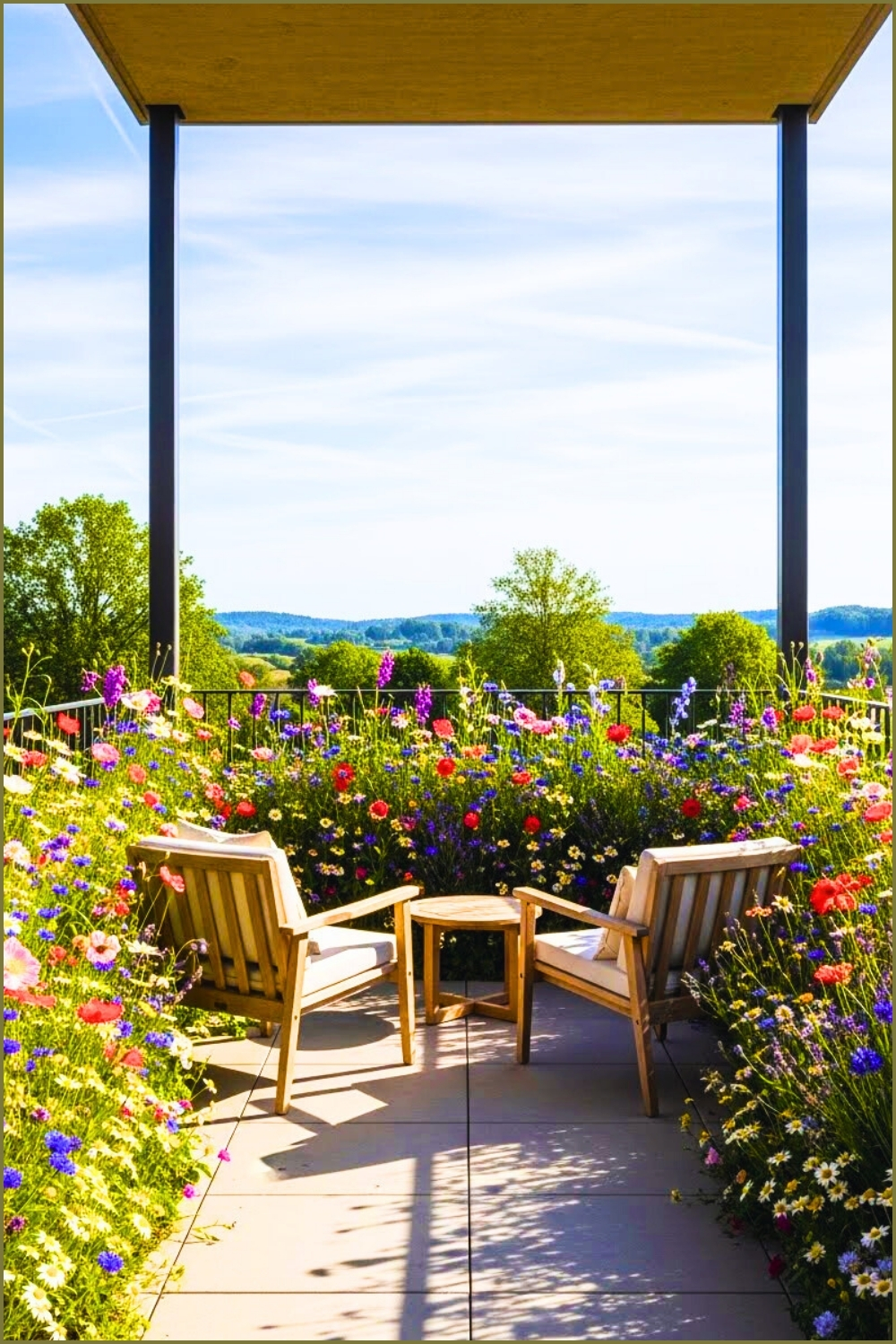 Modern Balcony With A Lush Wildflower Garden Colorful Meadow
