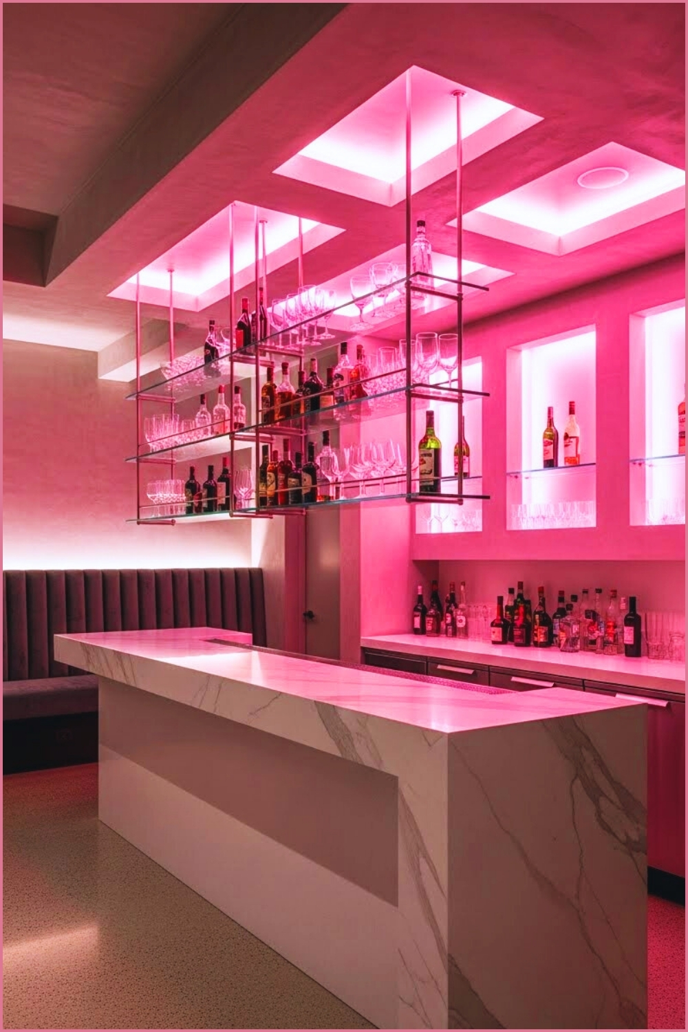 Modern Basement Bar Featuring Floating Glass Shelves