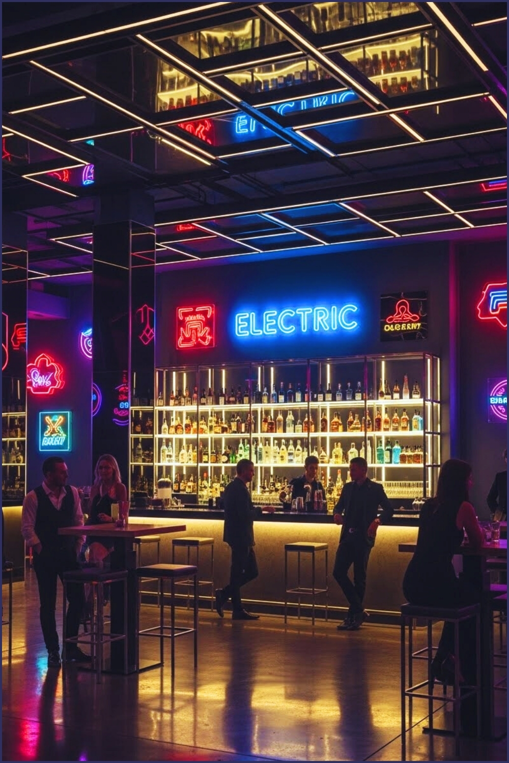Modern Basement Bar With Neon Signs Colorful Led Lighting