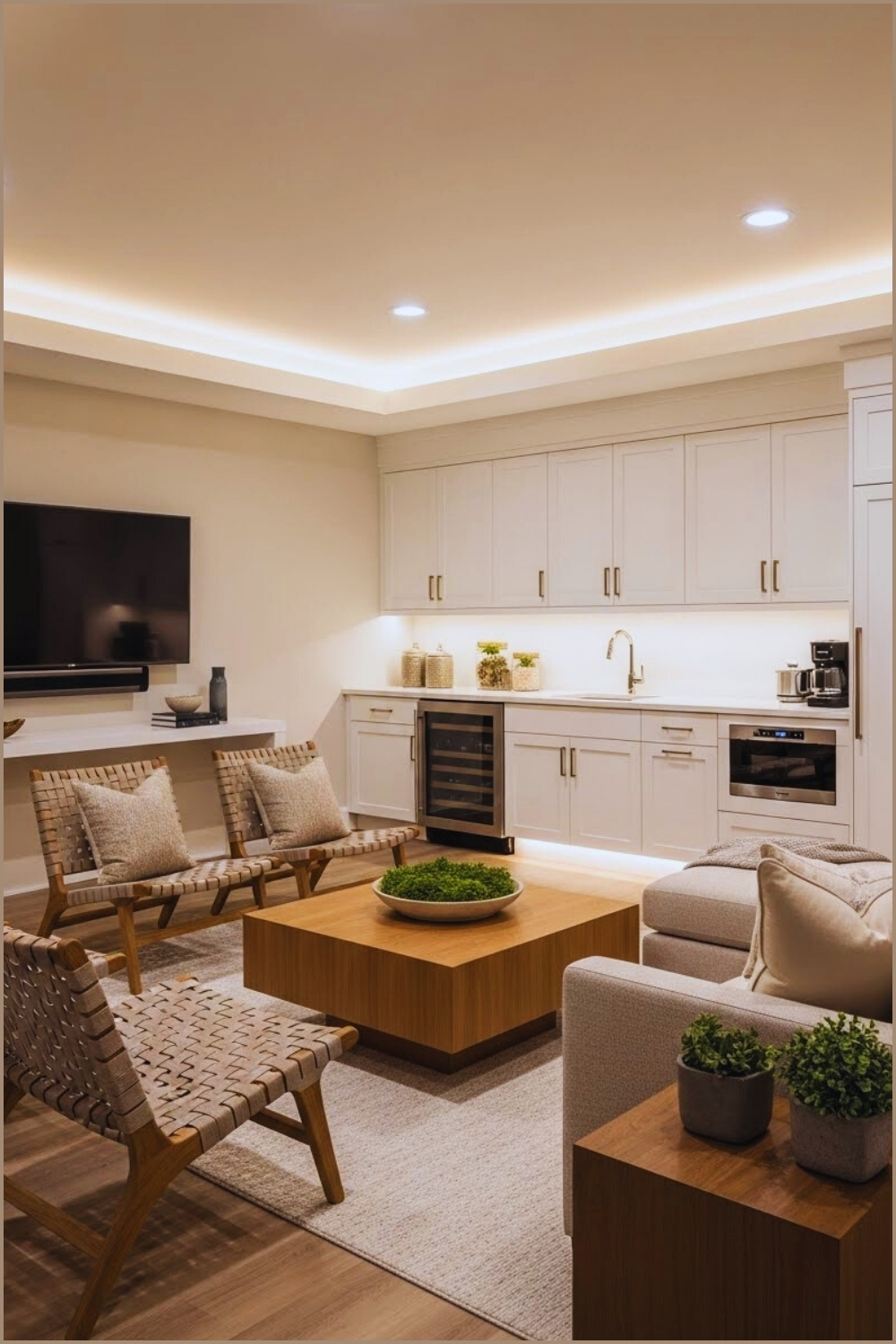 Modern Basement Lounge With Integrated Kitchenette
