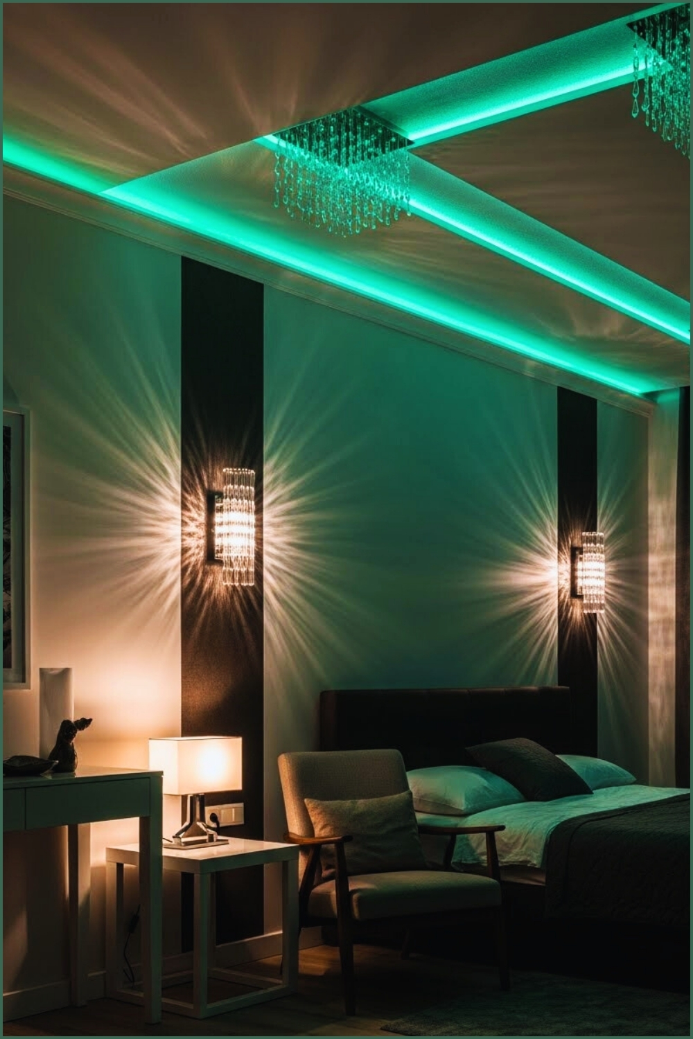 Modern Bedroom With Glowing Emerald Led Ceiling Lights