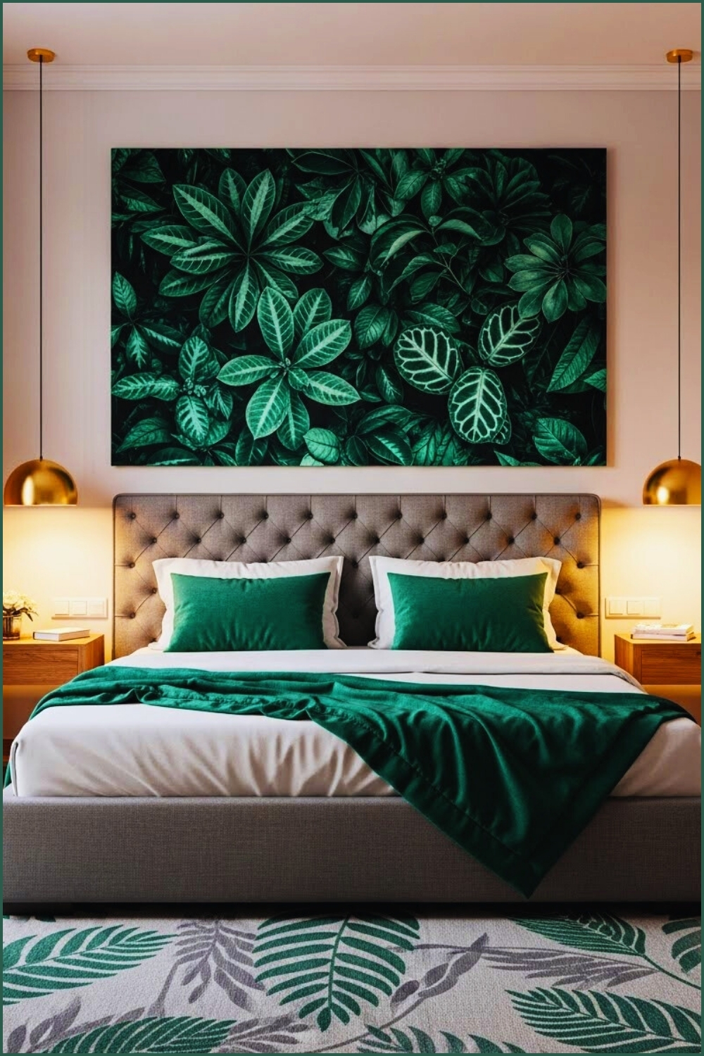 Modern Bedroom With Large Botanical Emerald Artwork
