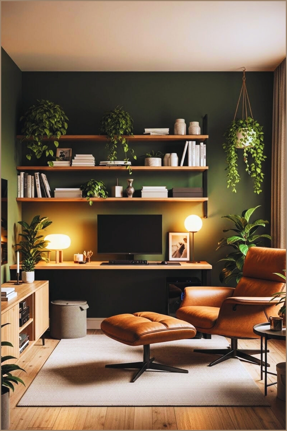 Modern Biophilic Gaming Room Deep Forest Green Walls