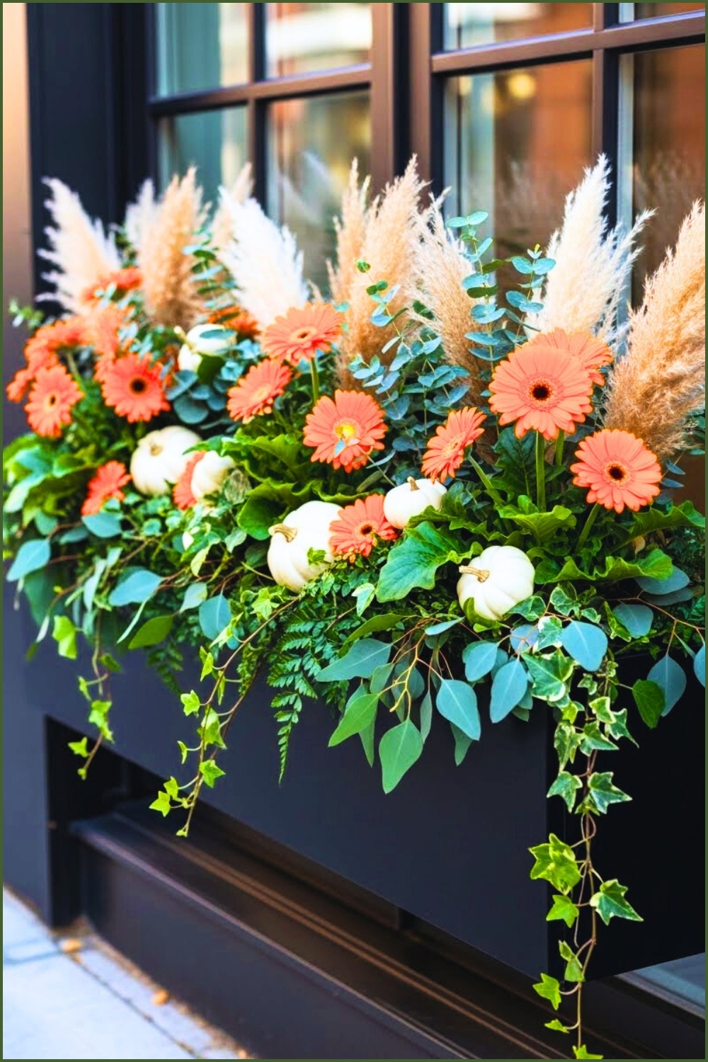 Modern Black Window Box With Orange Gerbera Daisies