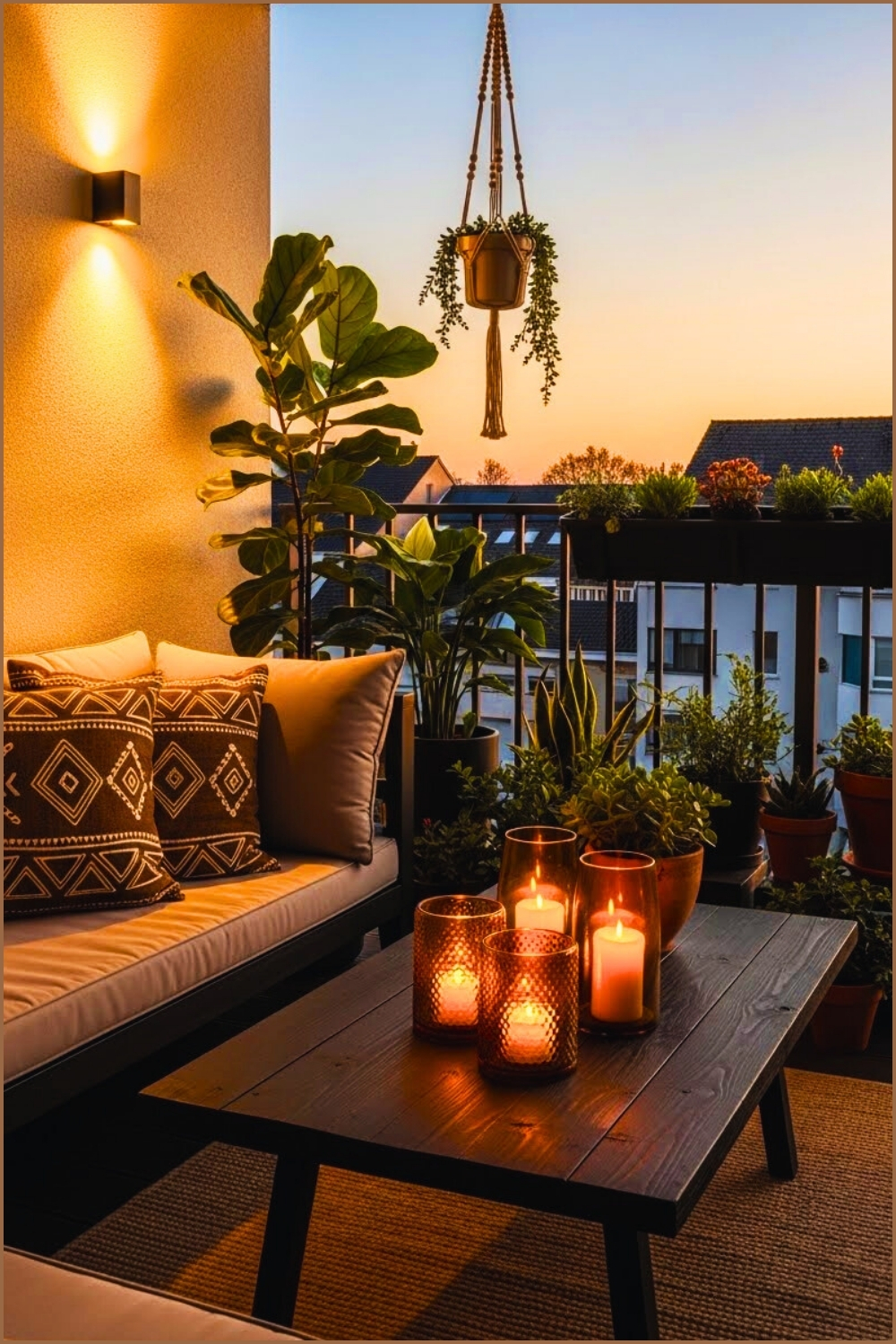 Modern Boho Balcony At Sunset, Rustic Dark Wood Coffee Table