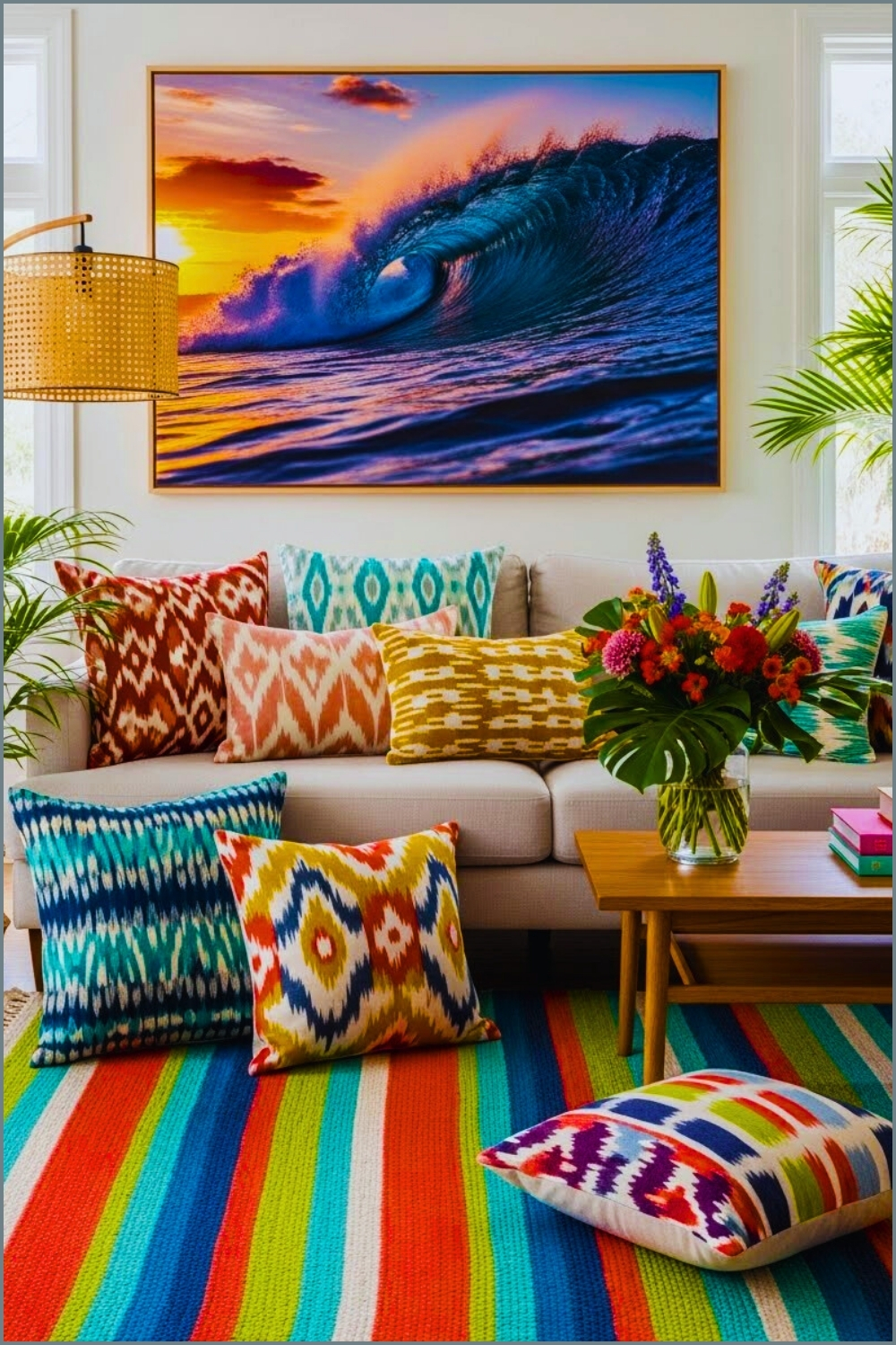 Modern Boho Living Room Neutral Sofa With Multi Colored Textile Pillows