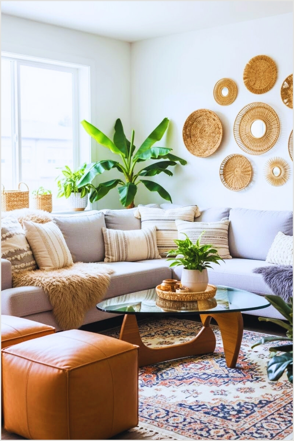 Modern Boho Living Room With Light Gray Sectional Sofa
