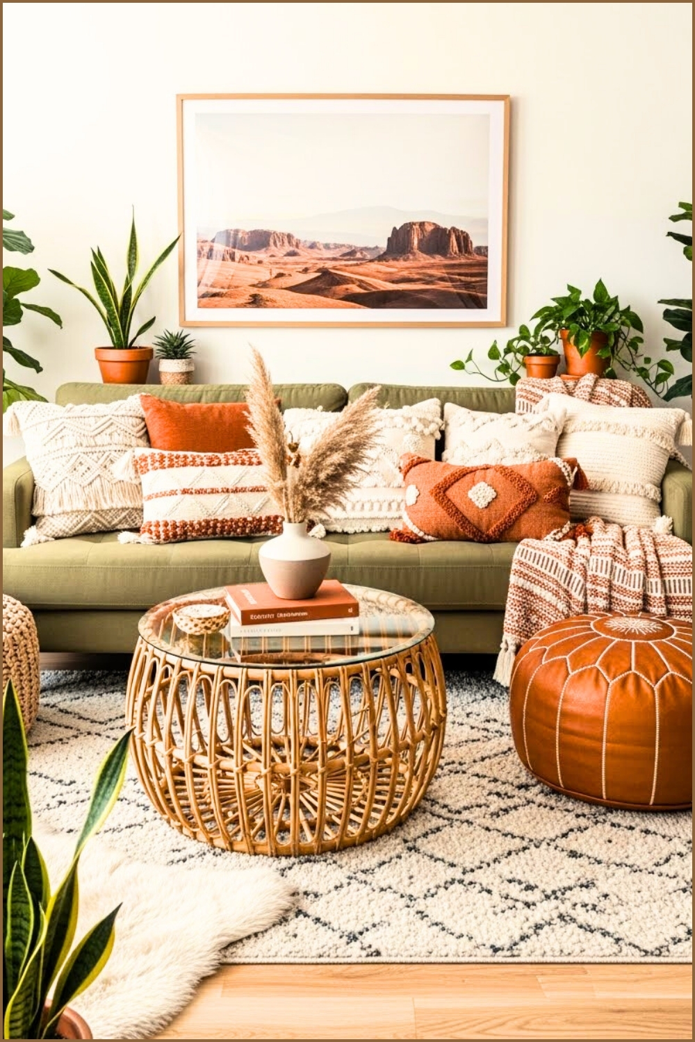 Modern Boho Living Room With Olive Green Sofa