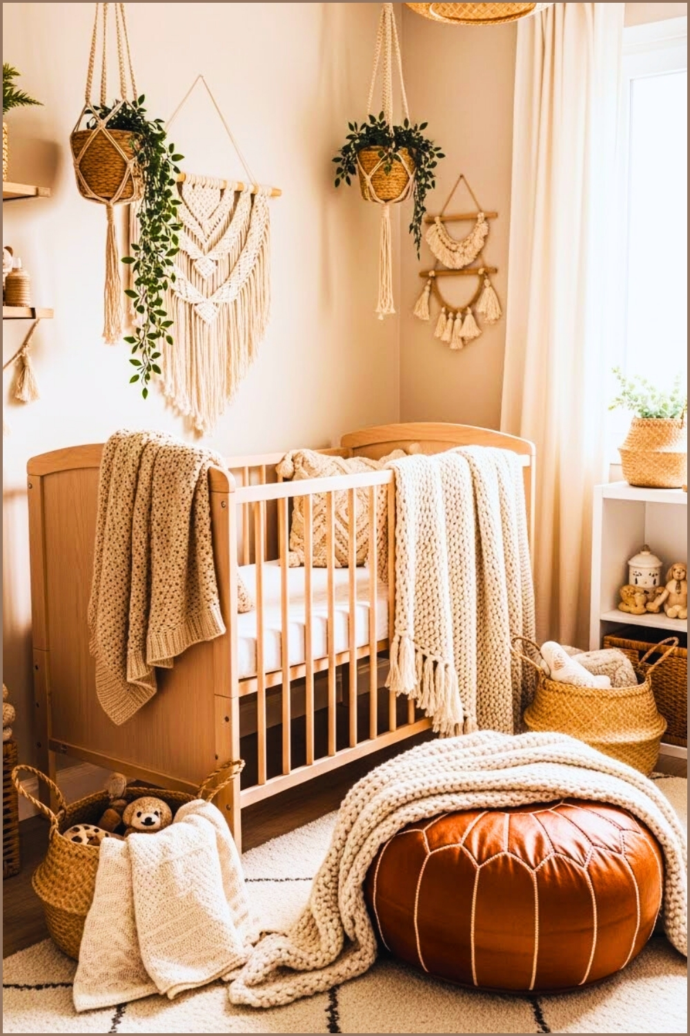 Modern Boho Nursery Wooden Crib Greenery In Woven Planters