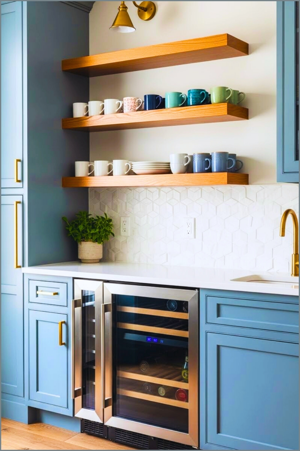 Modern Built-in Kitchen Coffee Bar With Muted Blue Cabinetry