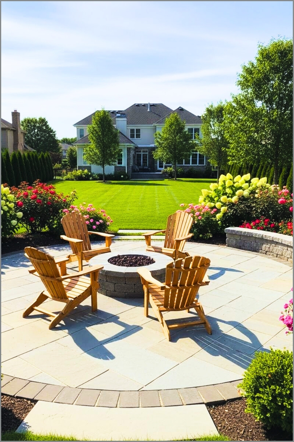 Modern Circular Stone Patio With Firepit Wooden Adirondack