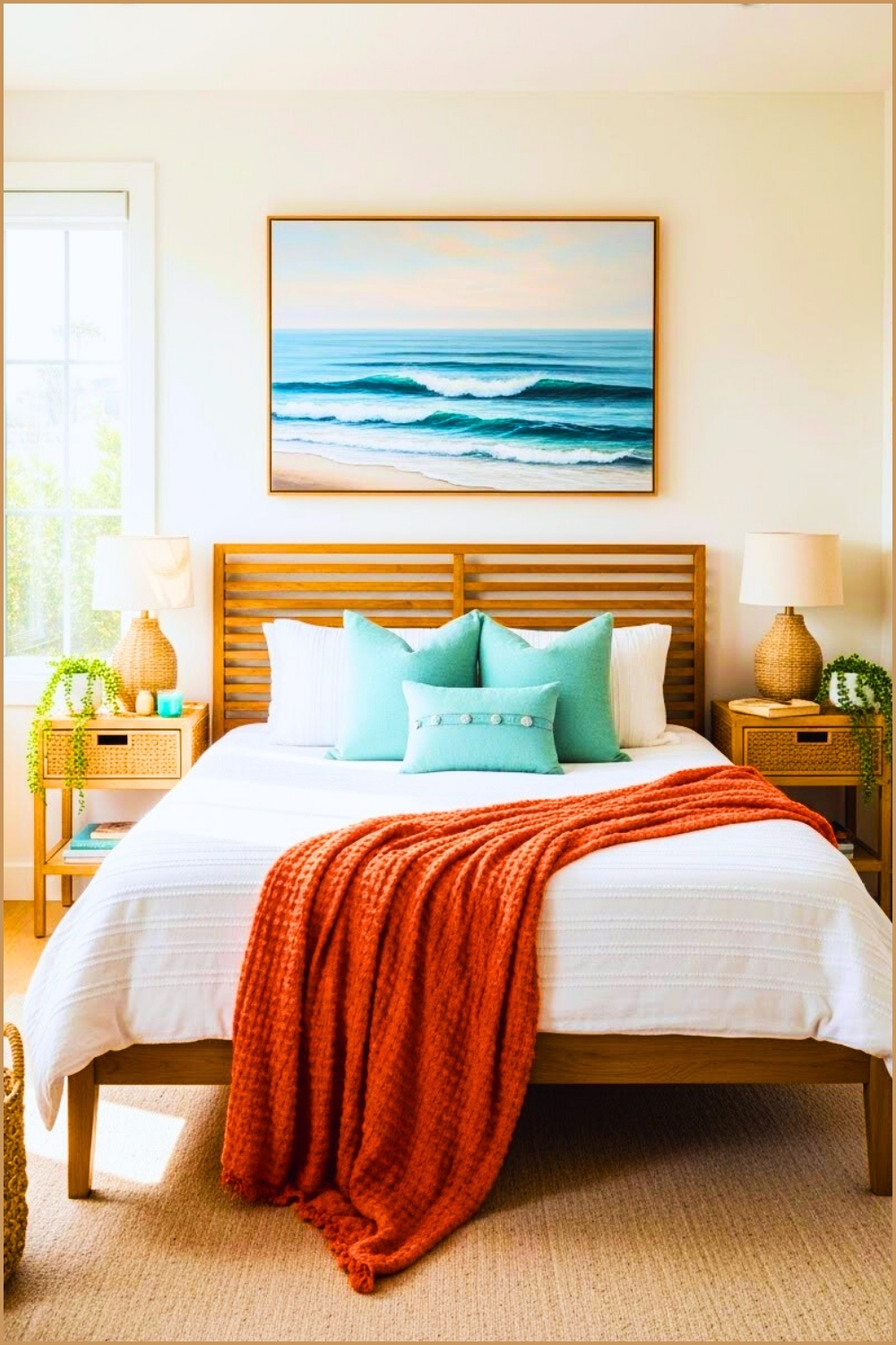 Modern Coastal Bedroom Wooden Bed Frame Ocean Painting