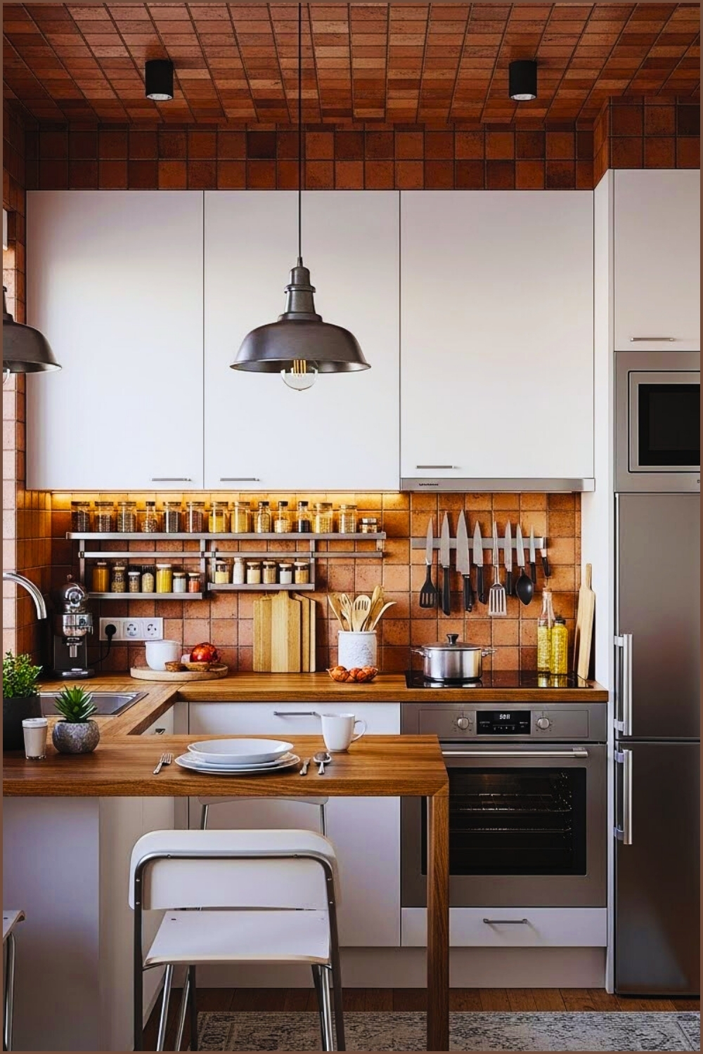 Modern Compact Kitchen, White Cabinets With Wood Countertop