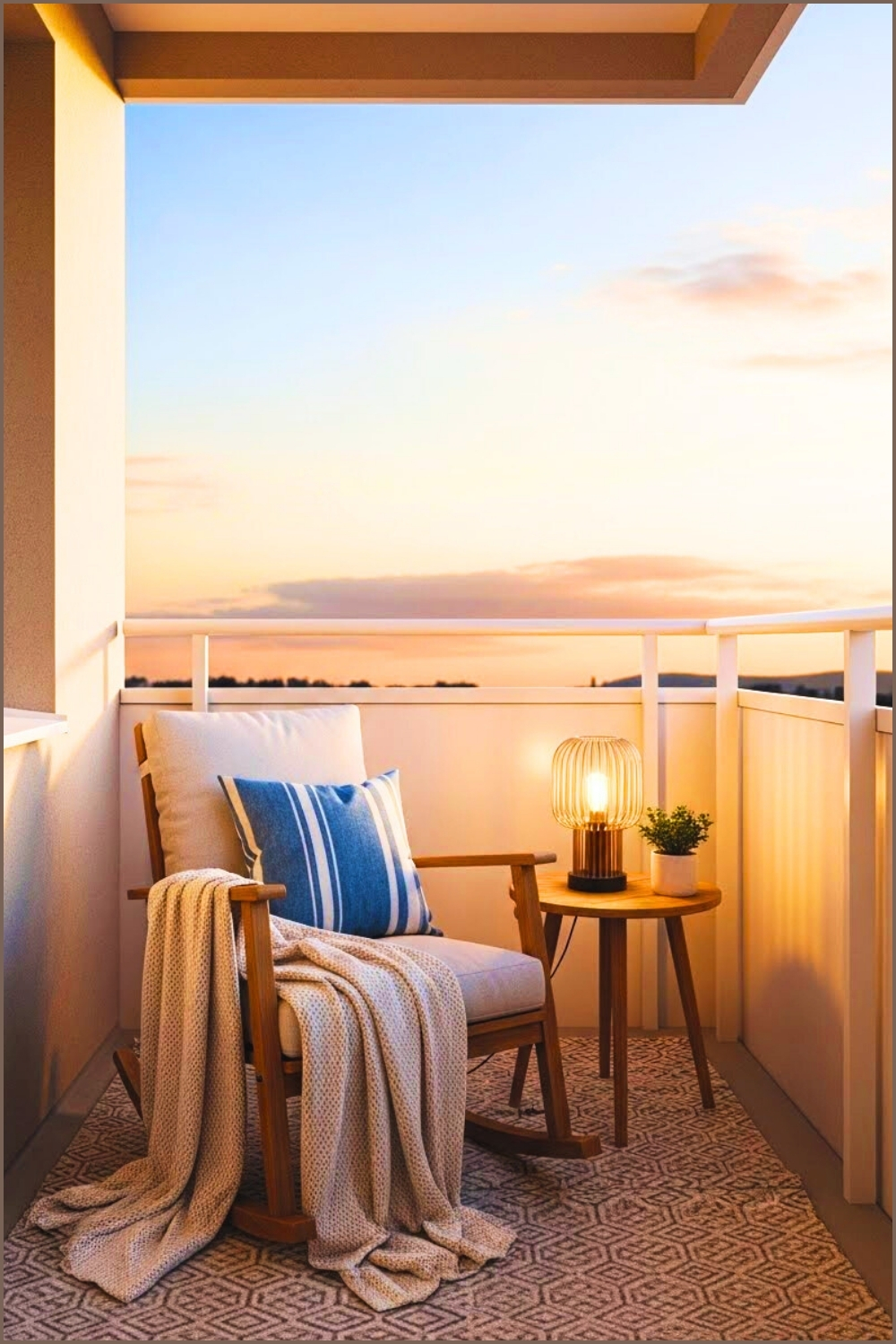 Modern Cozy Balcony With Cushioned Wooden Rocking Chair