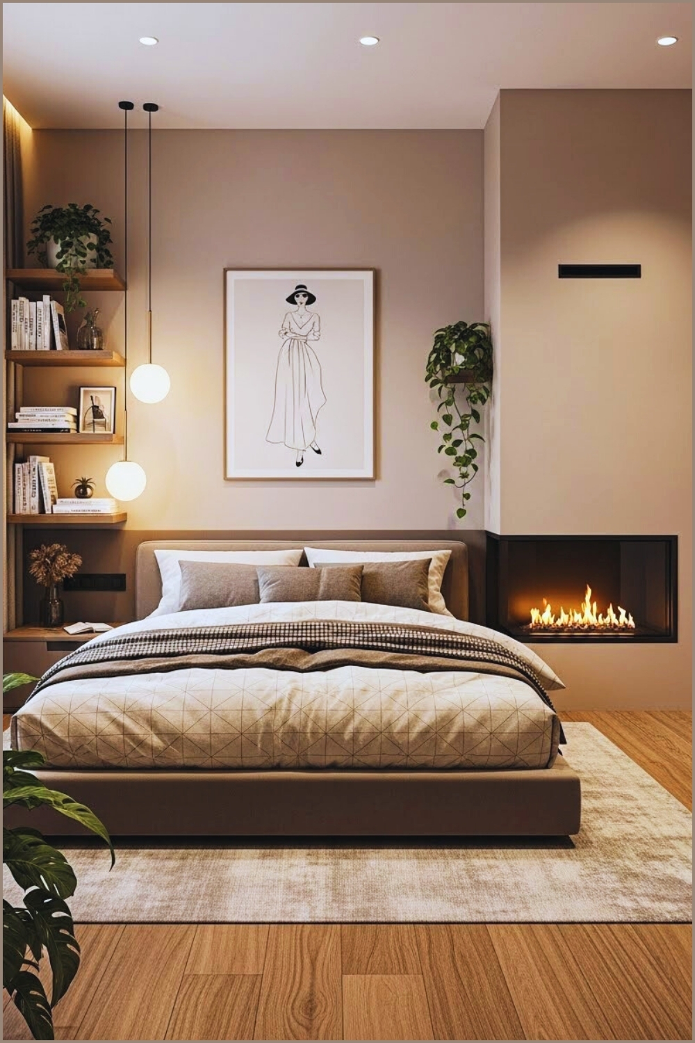 Modern Cozy Bedroom Interior With Built In Fireplace