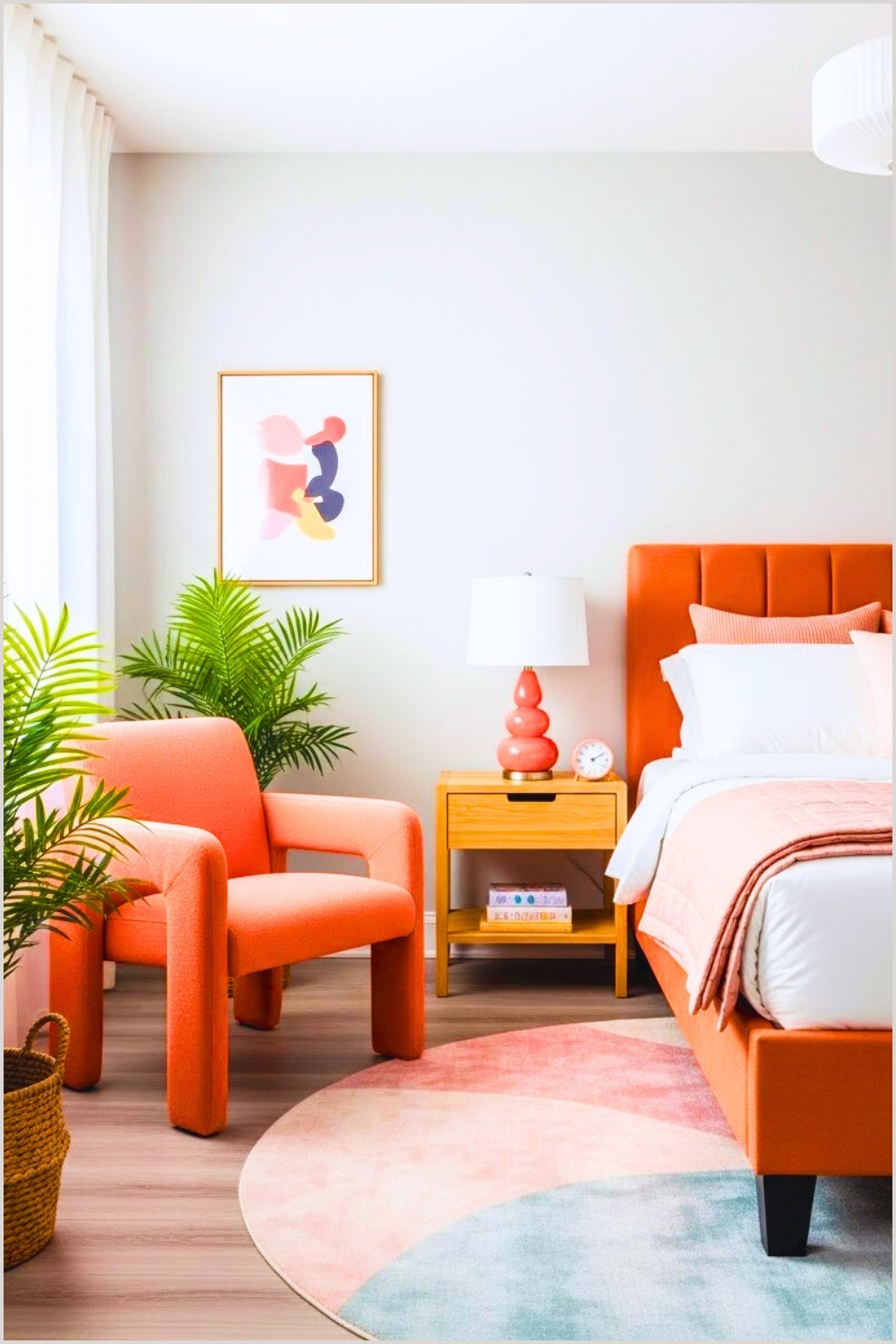 Modern Cozy Bedroom With A Funky Coral Accent Chair