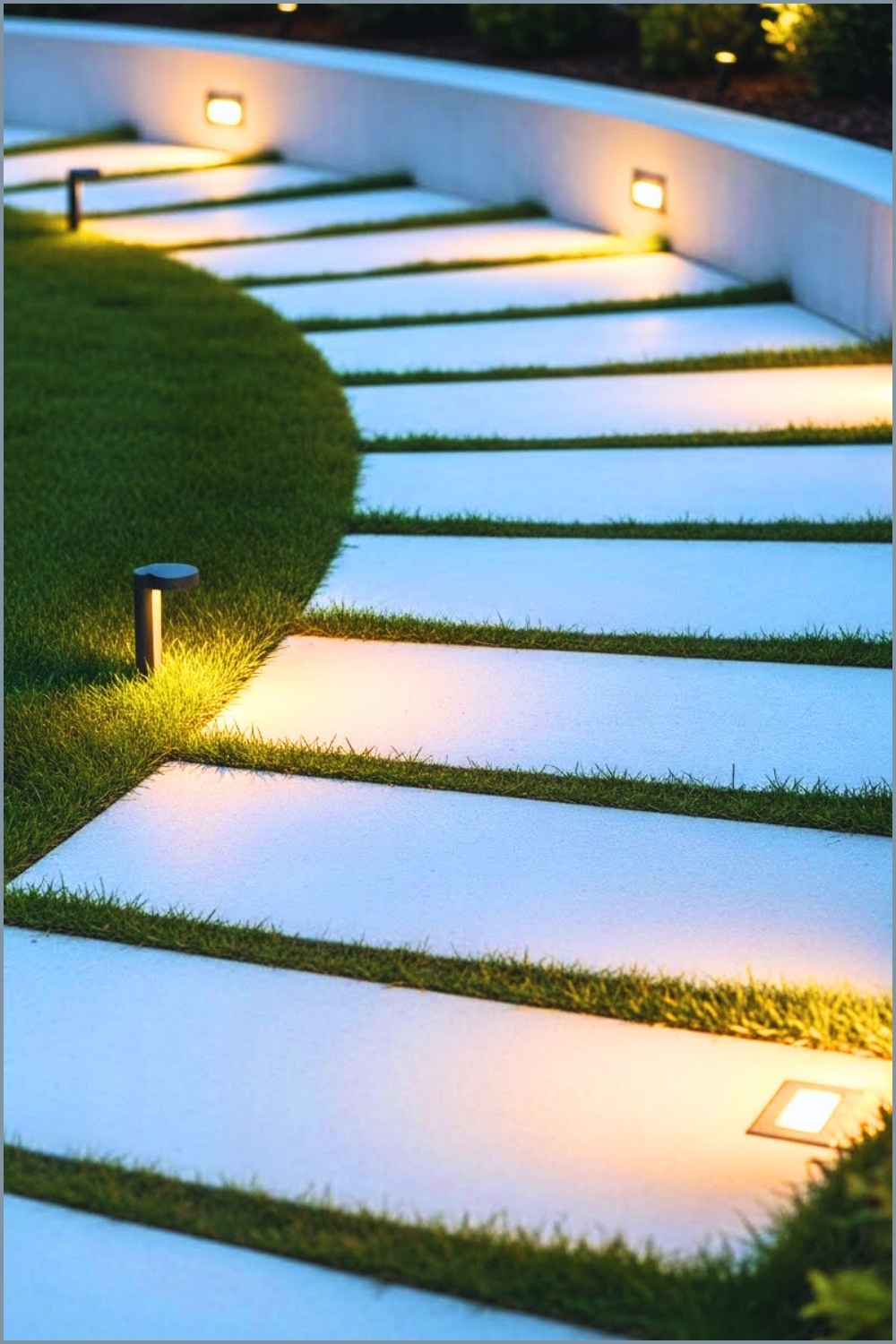 modern curved garden pathway with large concrete stepping stones