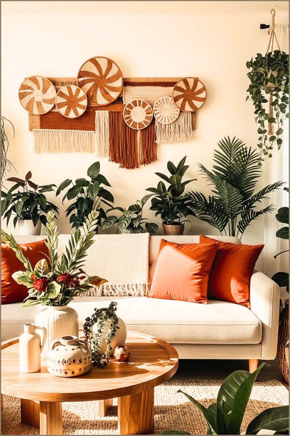 Modern Desert Boho Living Room Neutral Sofa With Rust-orange Pillows