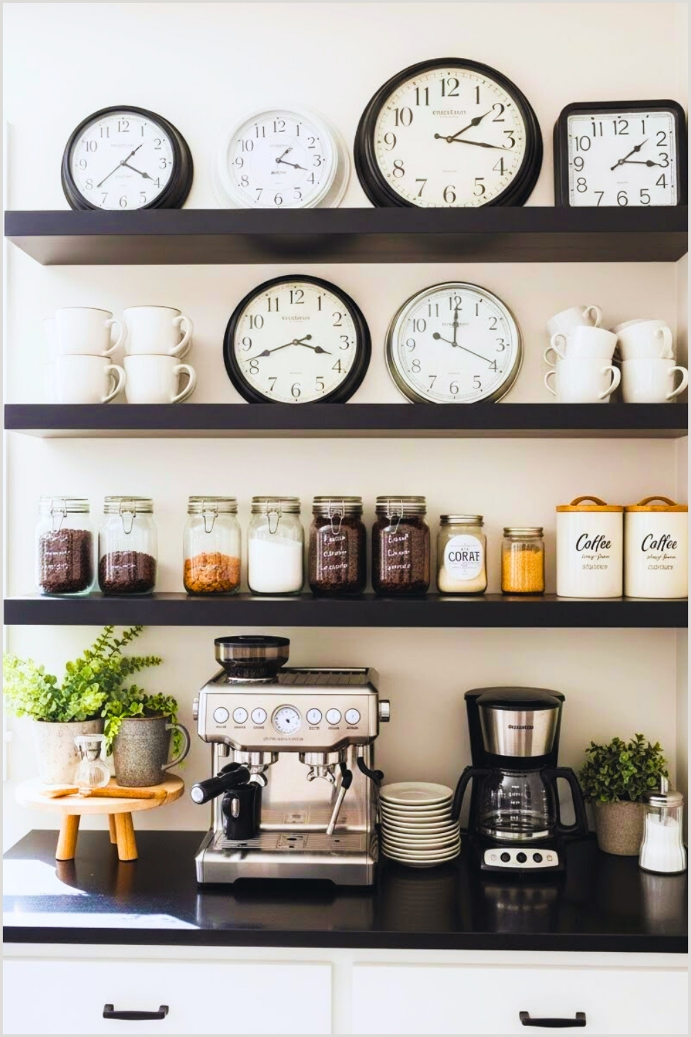 Modern Farmhouse Coffee Bar With Black Open Wall Shelves