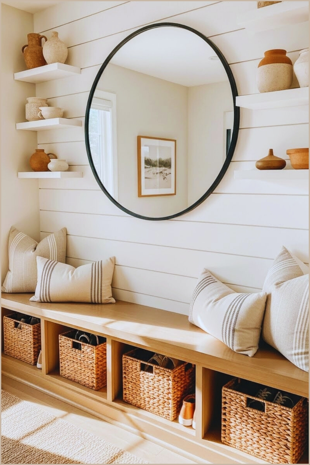 Modern Farmhouse Entryway Warm Wood Bench Top