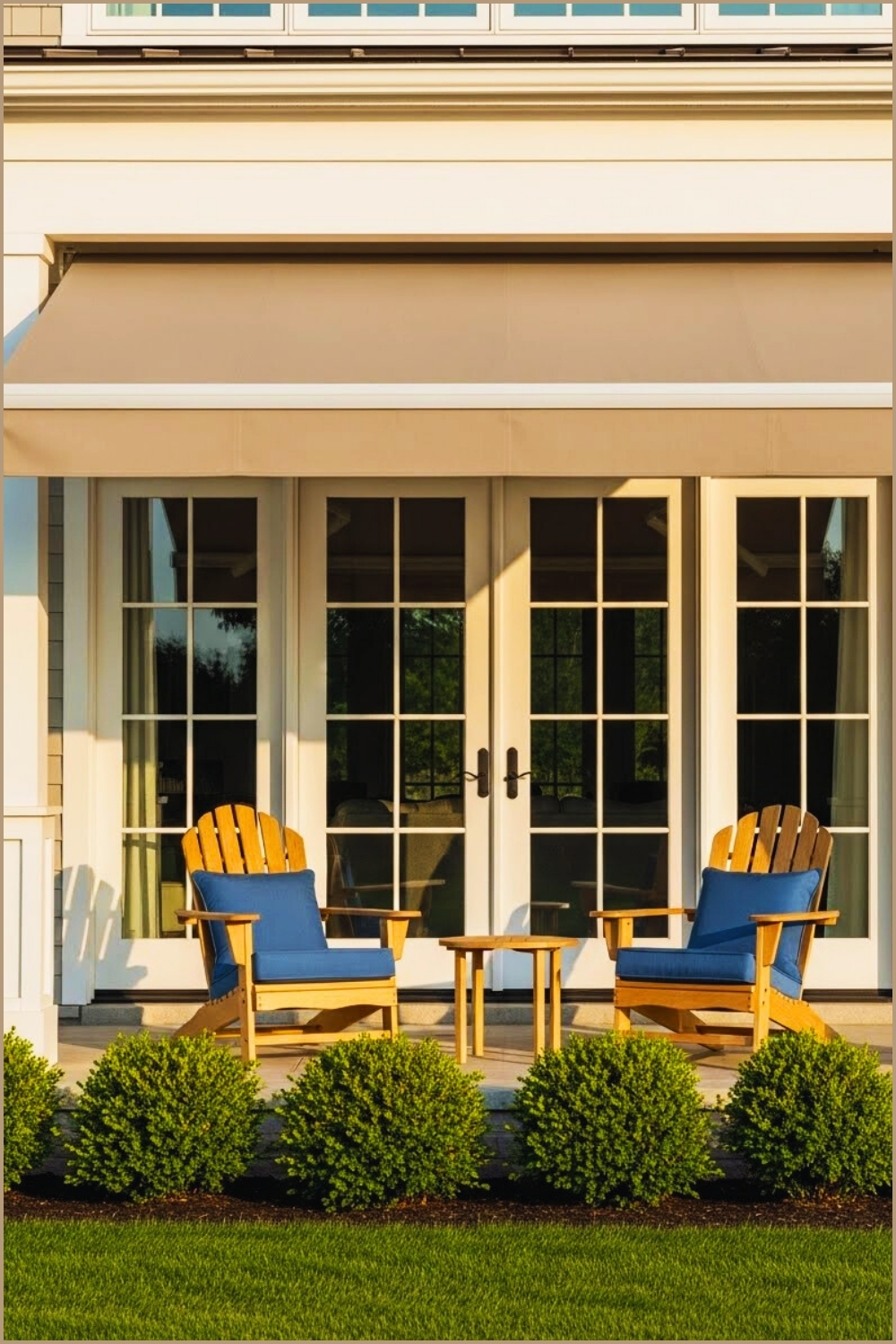 Modern Farmhouse Porch With Large Beige Retractable Awning