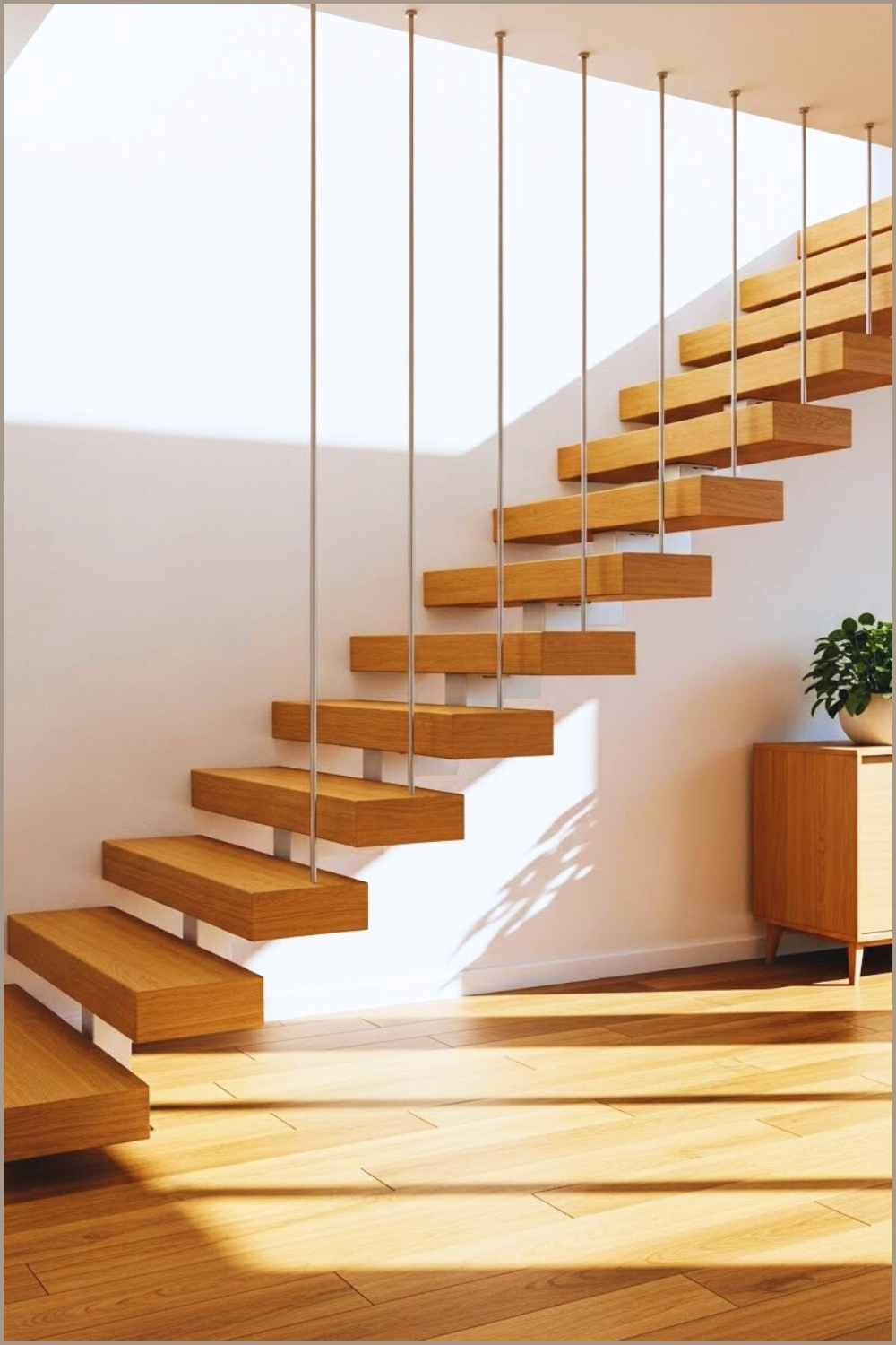 Modern Floating Wooden Staircase With Thick Rectangular Steps