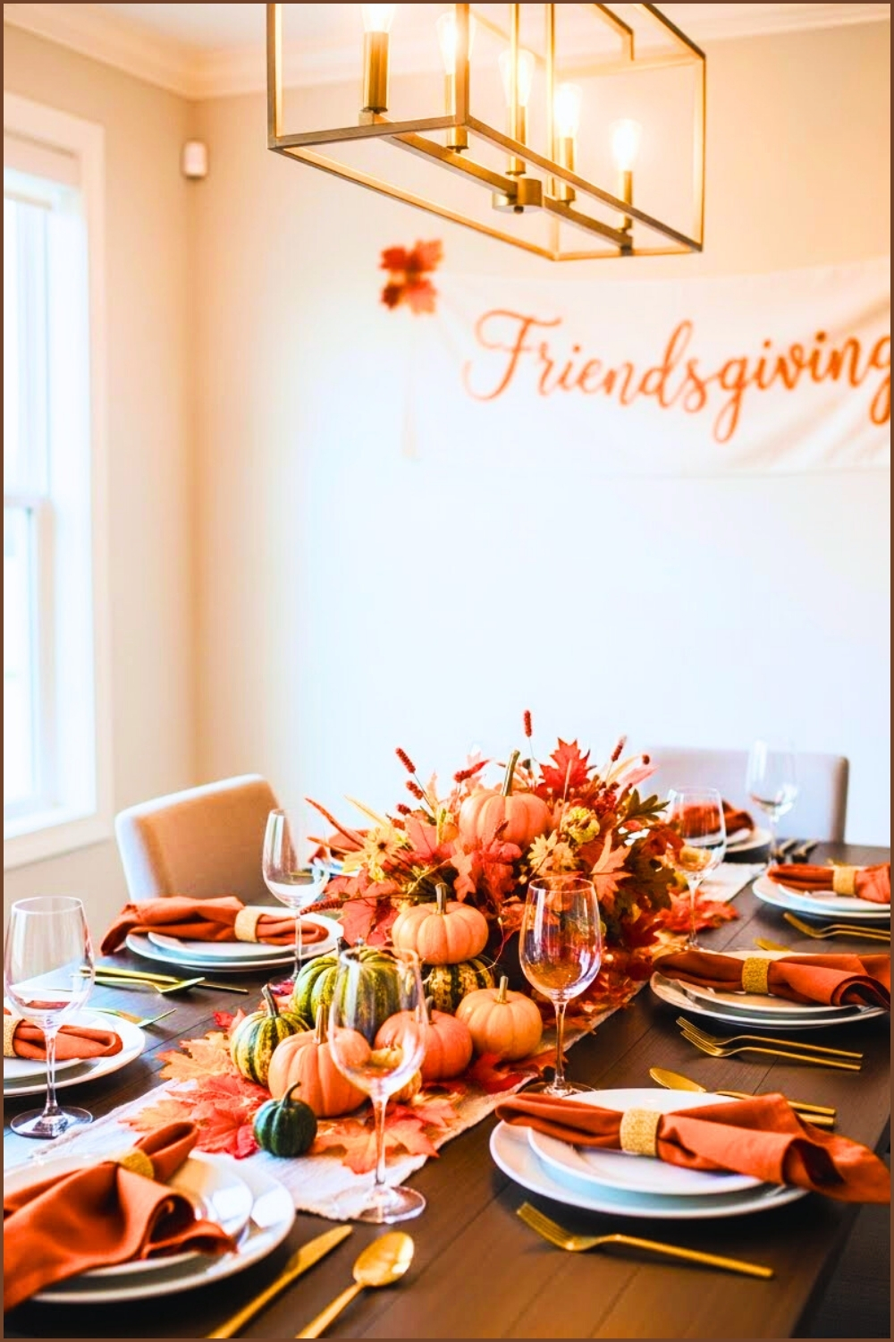 Modern Friendsgiving Table Setup, Burnt Orange Napkins