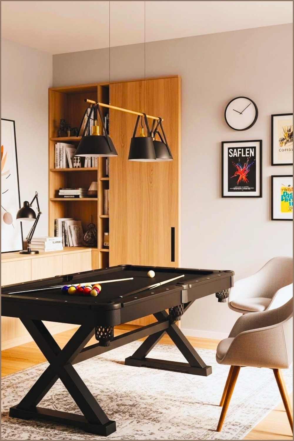 Modern Game Room With Sleek Black Pool Table On An X Frame Base