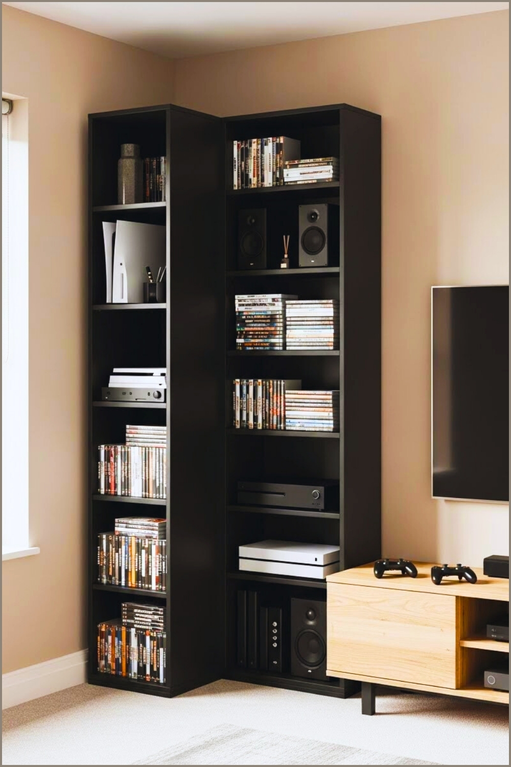 Modern Gaming Room Corner With Tall Black Storage