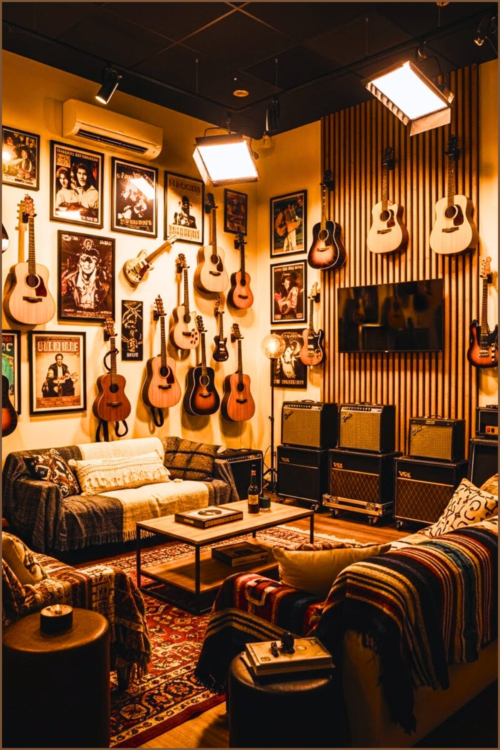 Modern Guitar Room Interior, Walls Decorated With Multiple