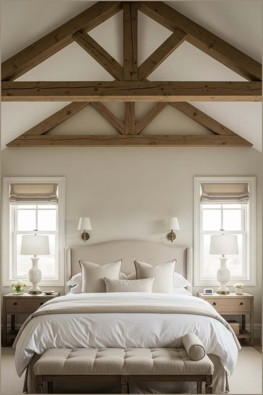 Elegant Farmhouse Style Bedroom With A Vaulted Ceiling