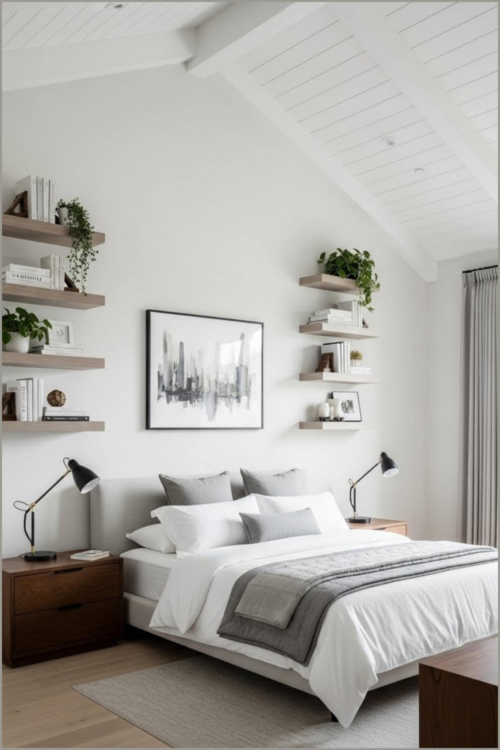 Modern High Ceiling Bedroom With Floating Wall Shelves