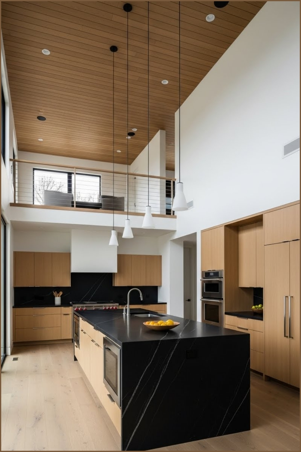 Modern High Ceiling Kitchen With Warm Wood Plank Ceilings