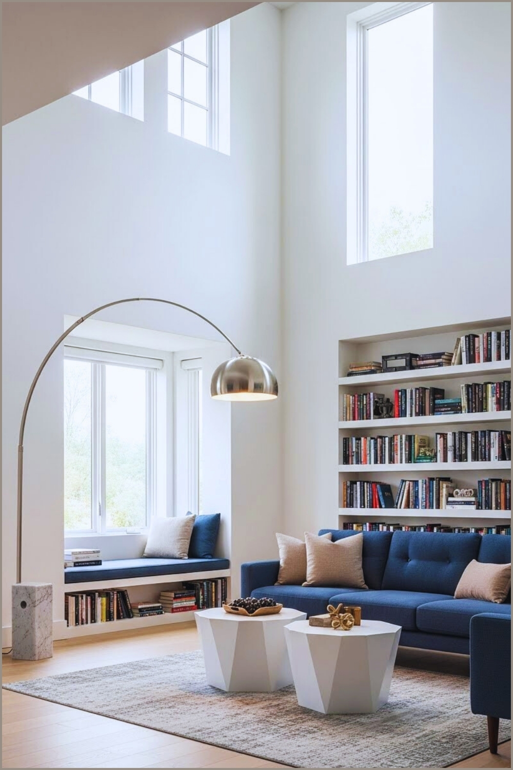 Modern High Ceiling Living Room With A Cozy Reading Nook