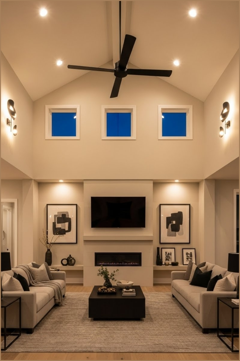 Modern High Ceiling Living Room With A Vaulted