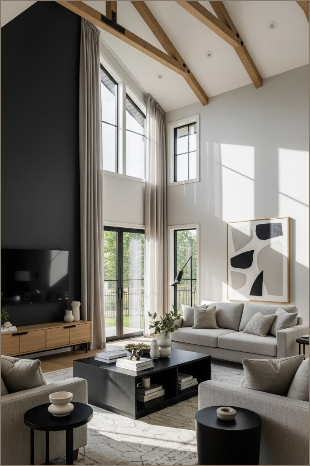 Modern High Ceiling Living Room With Exposed Wooden