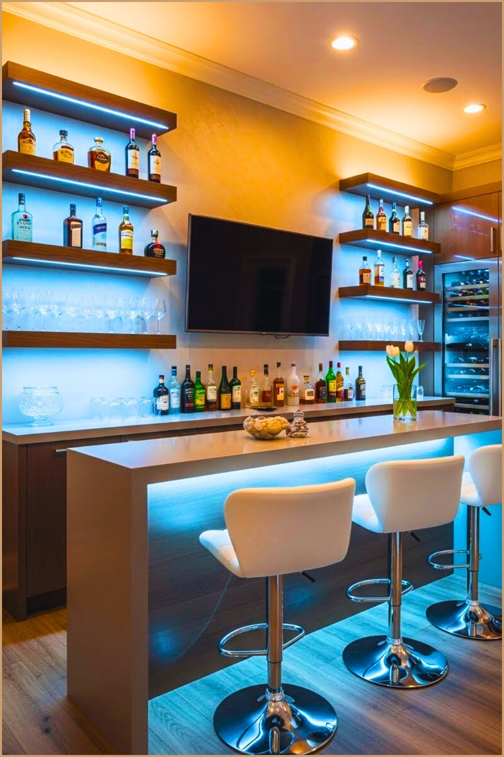 Modern Home Bar With Floating Illuminated Shelves