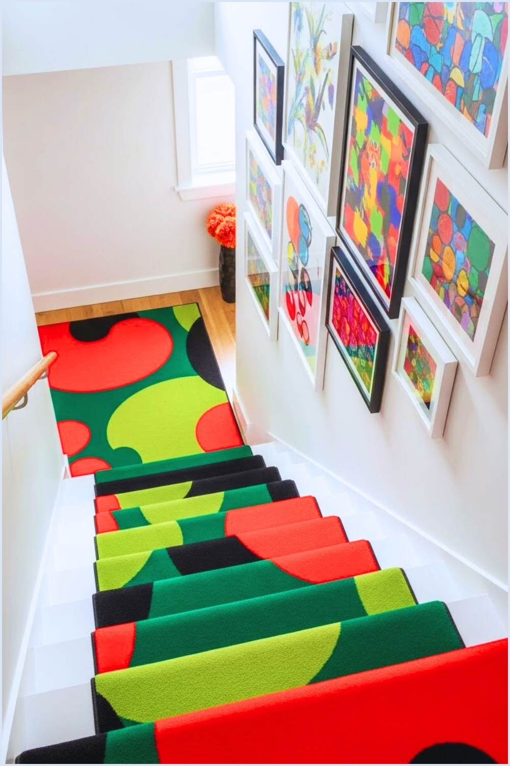 Modern Home Staircase With Bold Patterned Carpet Runners