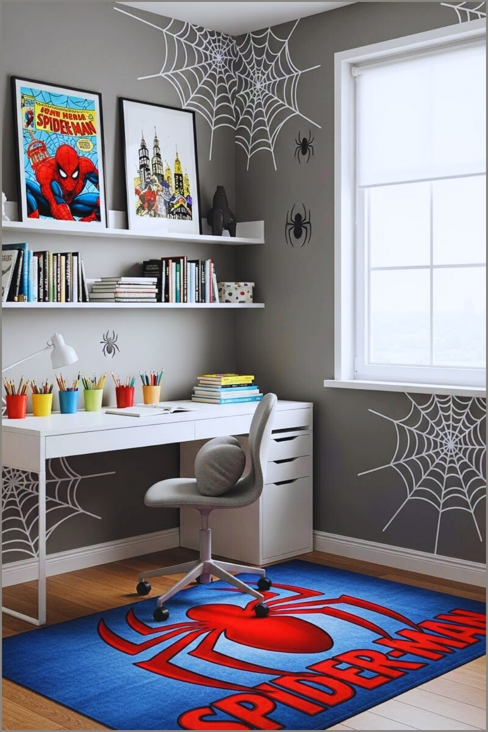 Modern Kids Study Corner With Superhero Theme