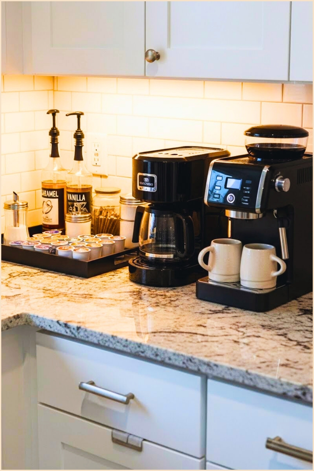 Modern Kitchen Countertop Coffee Bar With Black Coffee Machines