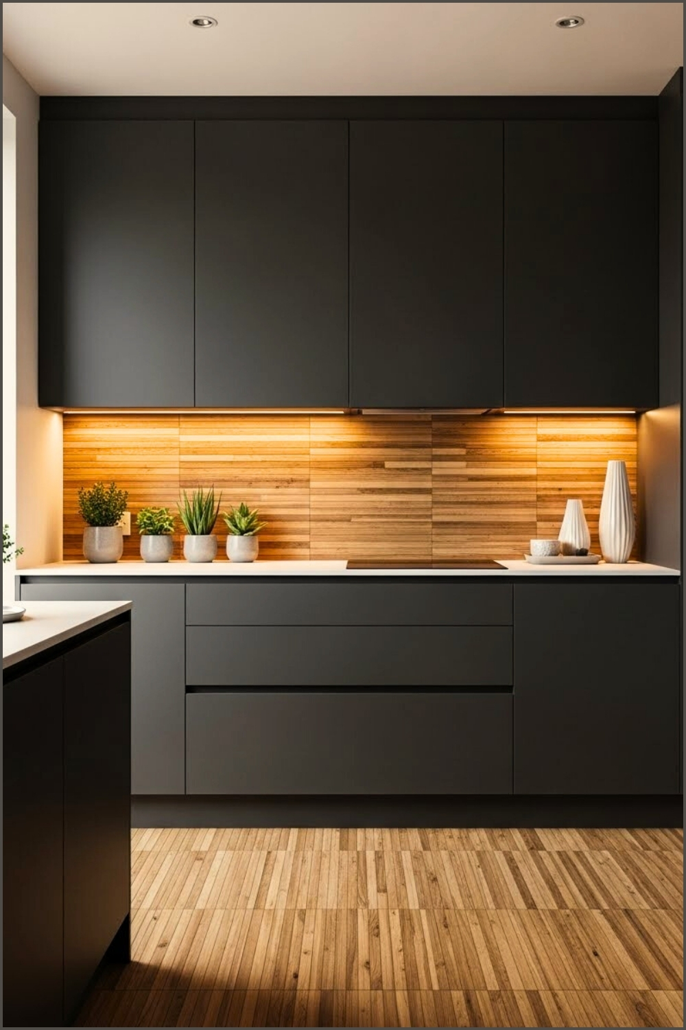 Modern Kitchen, Matte Charcoal Cabinets wooden plank tile