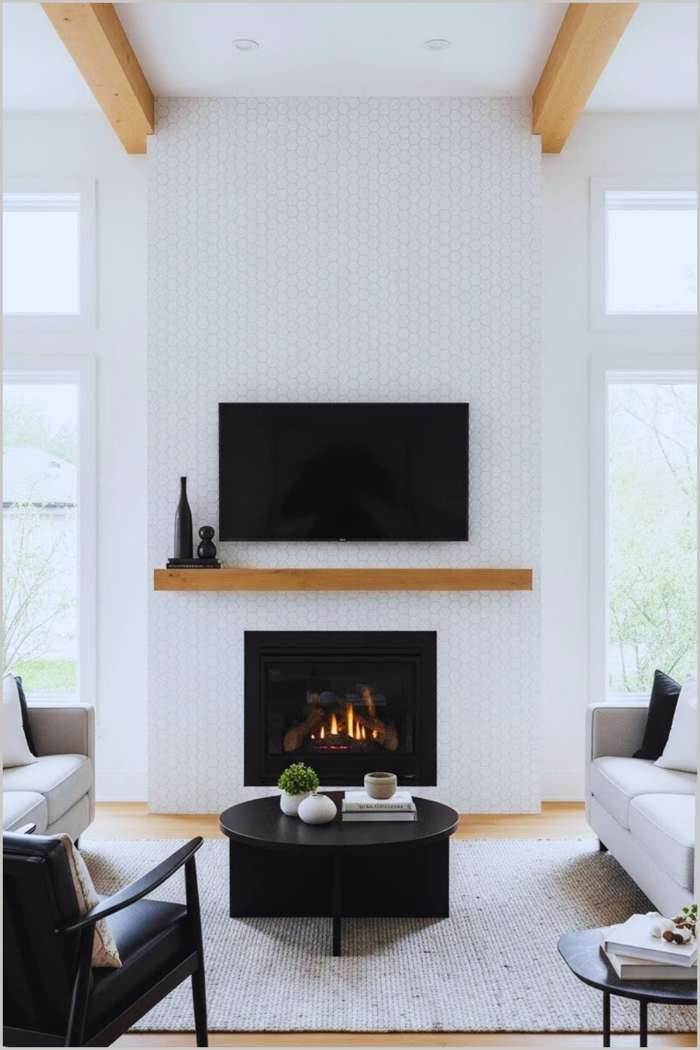 Modern Living Room Featuring A Trendy Hexagon Tile Fireplace Wall
