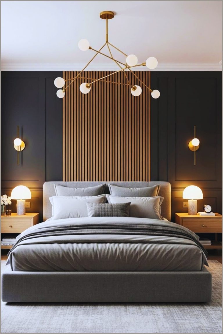 Modern Luxury Bedroom With Deep Charcoal Paneled Accent Wall