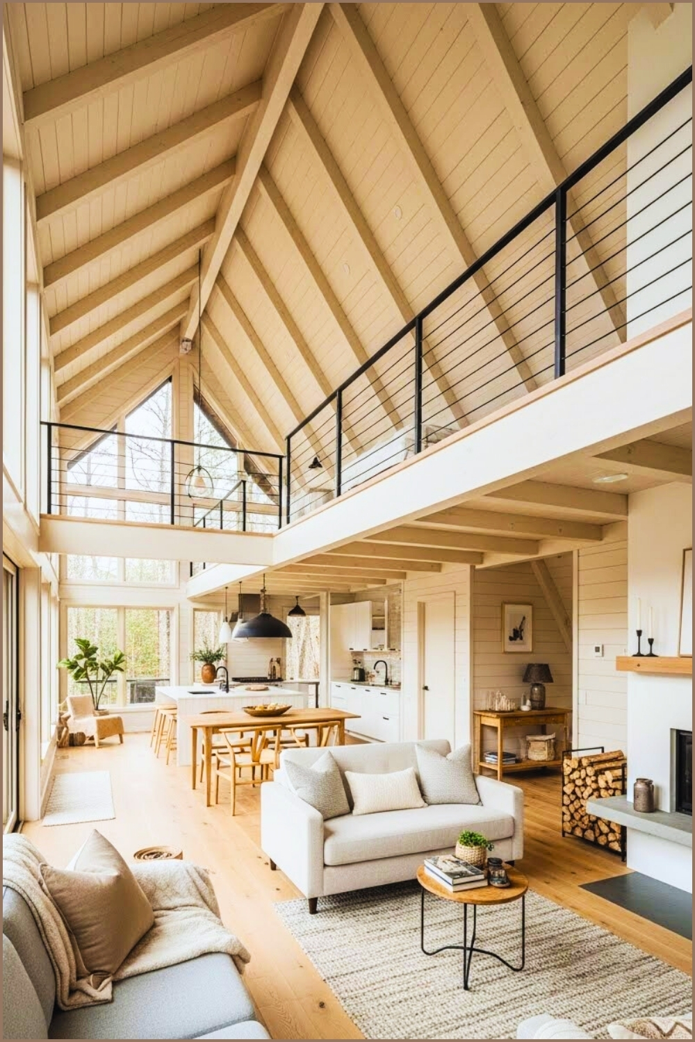 Modern Minimalist A-frame Cabin Interior Tall Vaulted Ceiling