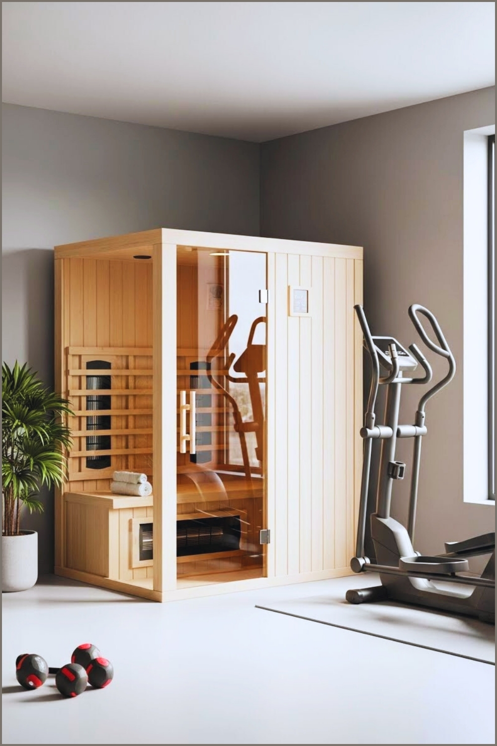 Modern Minimalist Home Gym With Compact Infrared Sauna