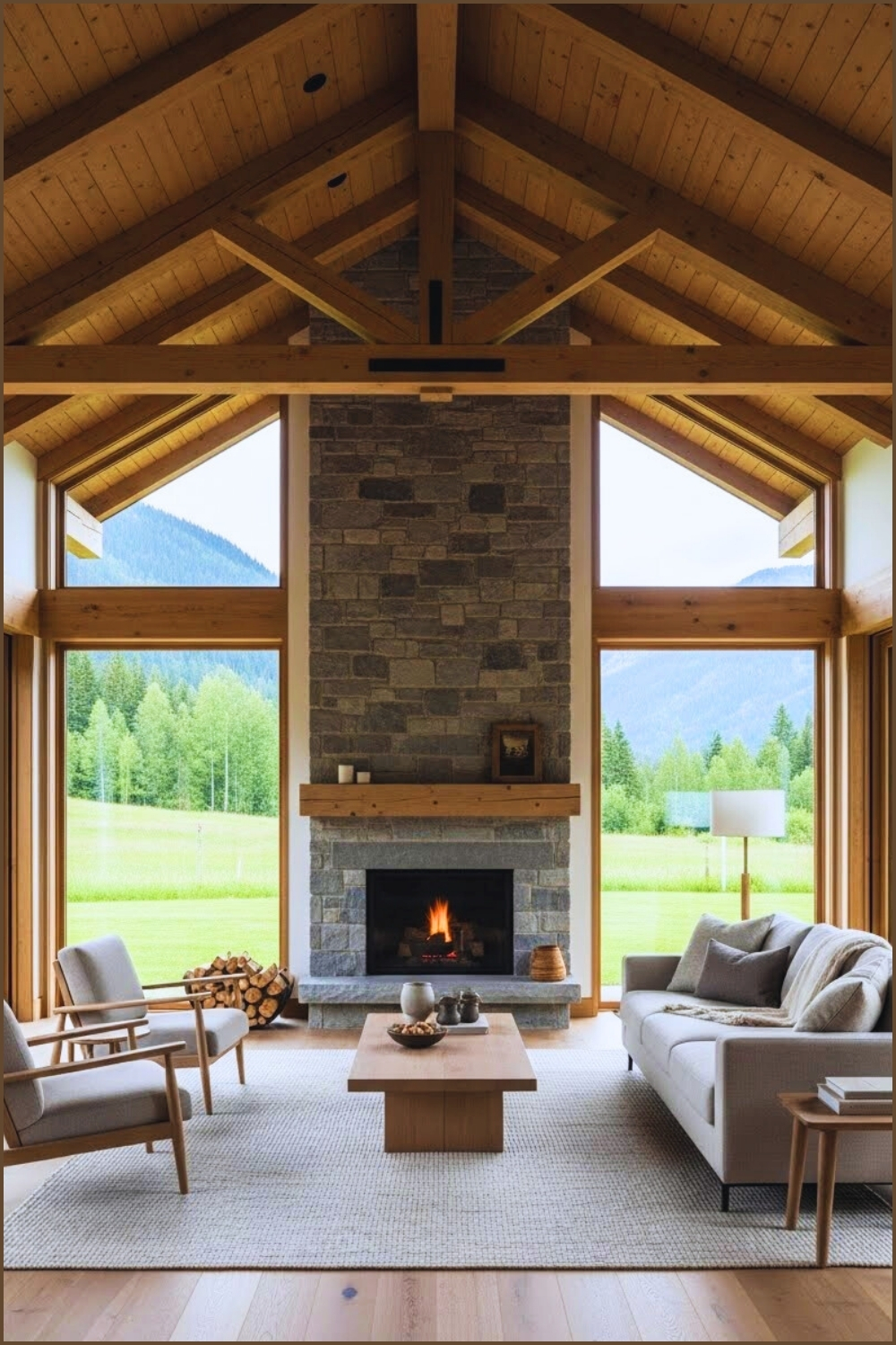 Modern Minimalist Rustic Living Room With Soaring Vaulted