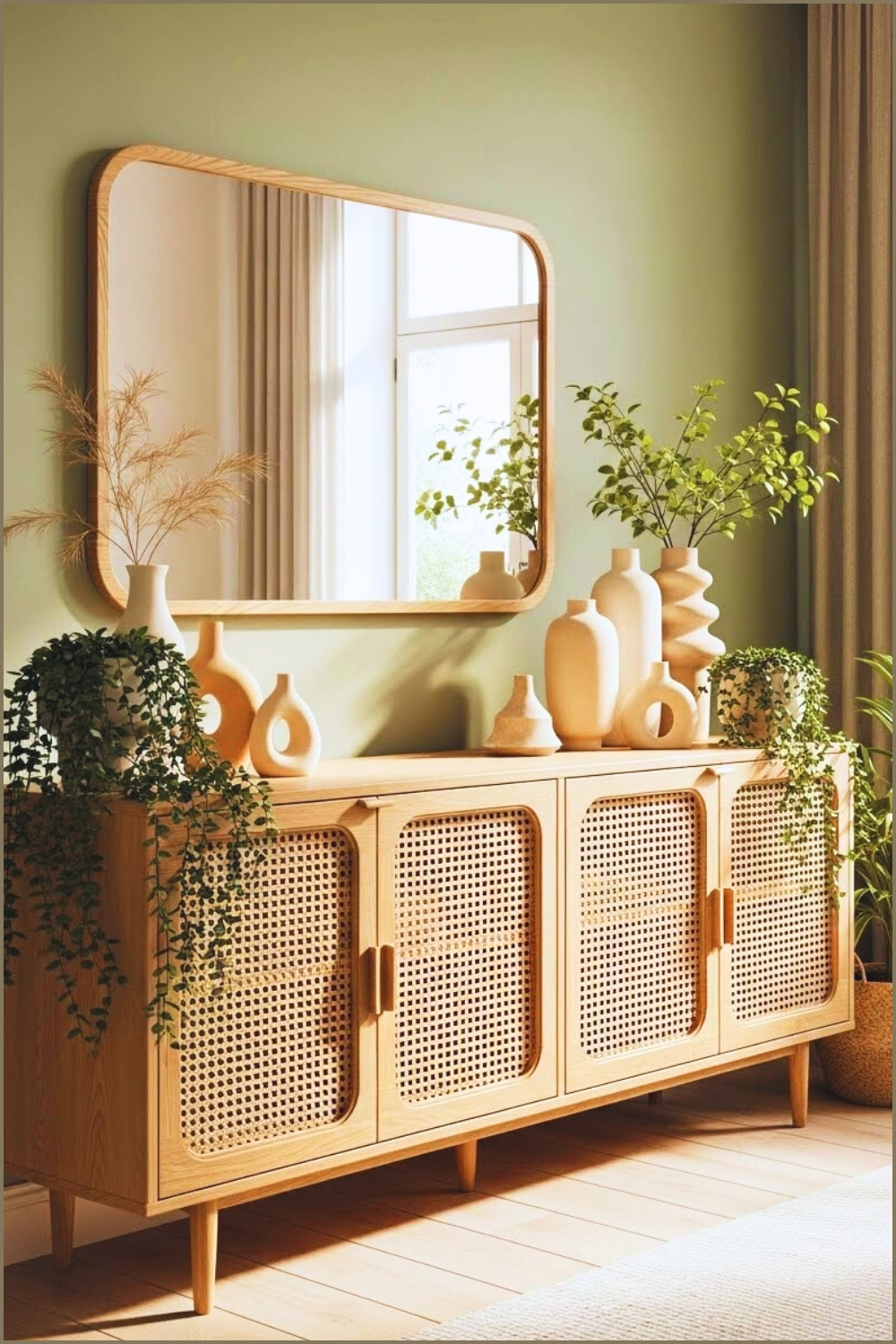 Modern Minimalist Wooden Sideboard With Rattan Cane Doors