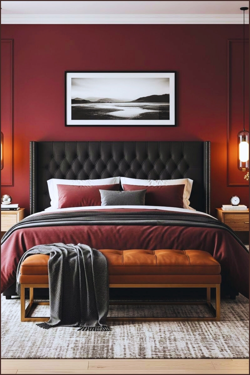 Modern Moody Bedroom Interior With Deep Burgundy Accent